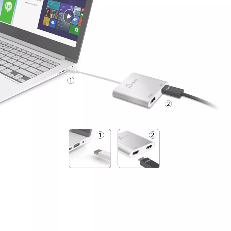 j5create JUA365 adaptador multi-monitor USB™ 3.0 para HDMI duplo, prateado