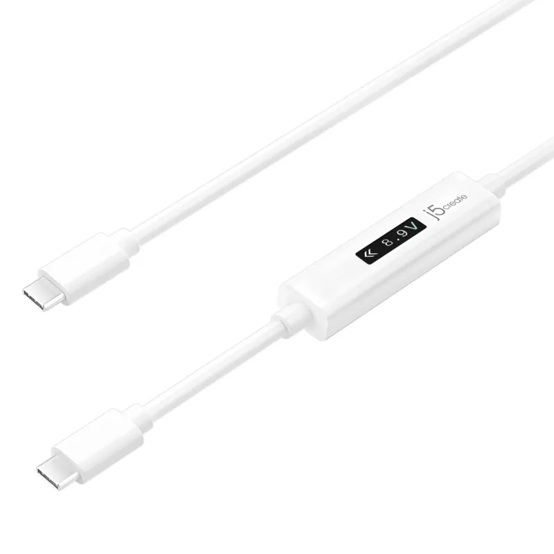 j5create JUCP14 cabo USB-C™ 2.0 para USB-C™ com medidor de potência OLED dinâmico, branco, 1,2 m