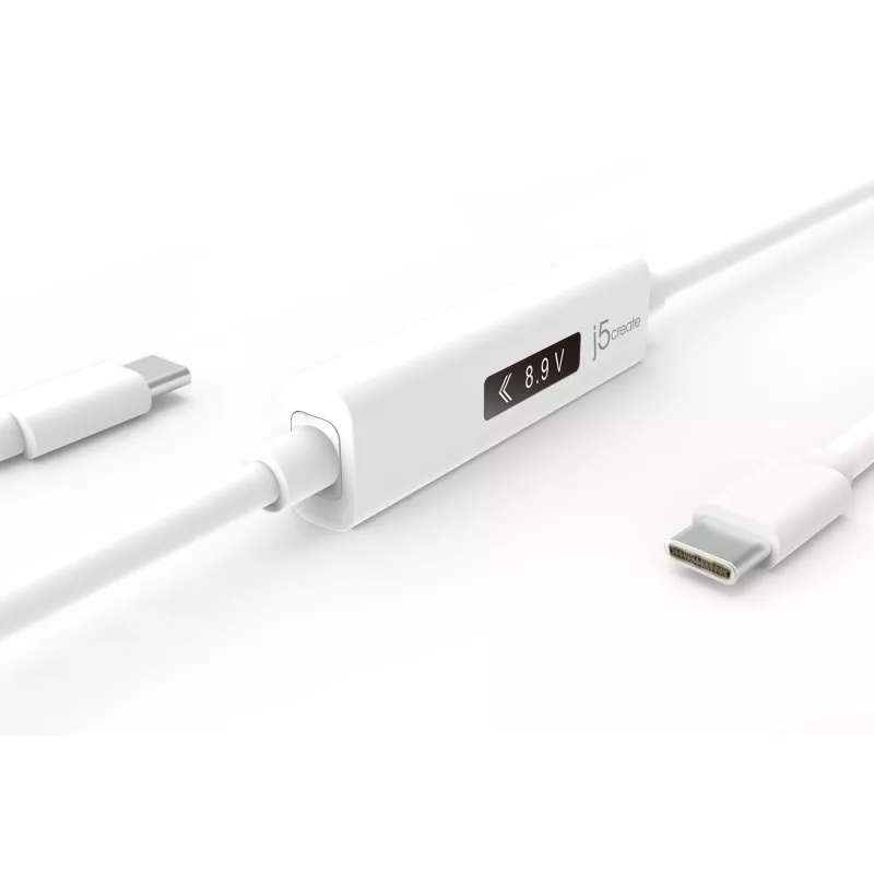 j5create JUCP14 cabo USB-C™ 2.0 para USB-C™ com medidor de potência OLED dinâmico, branco, 1,2 m
