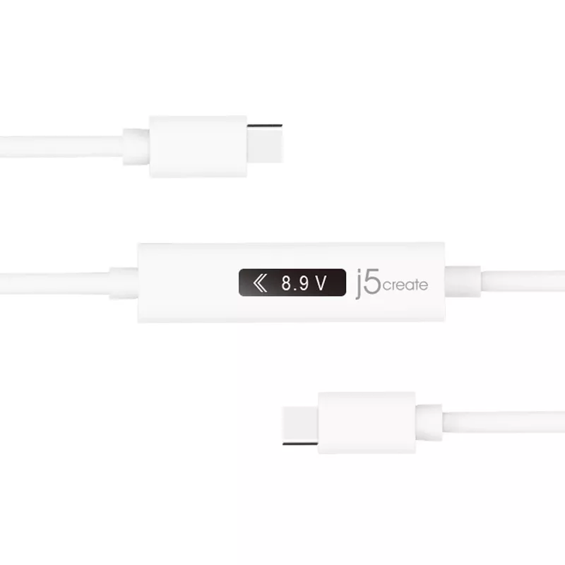 j5create JUCP14 cabo USB-C™ 2.0 para USB-C™ com medidor de potência OLED dinâmico, branco, 1,2 m