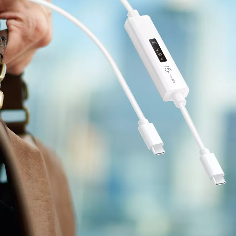 j5create JUCP14 cabo USB-C™ 2.0 para USB-C™ com medidor de potência OLED dinâmico, branco, 1,2 m