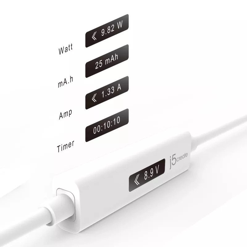 j5create JUCP14 cabo USB-C™ 2.0 para USB-C™ com medidor de potência OLED dinâmico, branco, 1,2 m