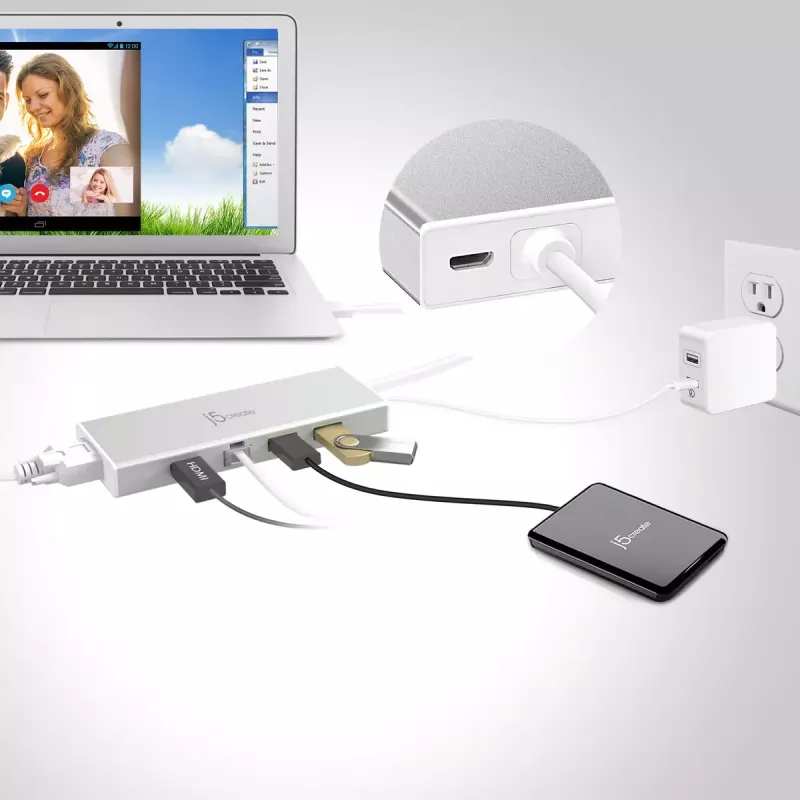 j5create JUD380 dock mini USB™ 3.0, 1x HDMI e 3x portas USB, prateado