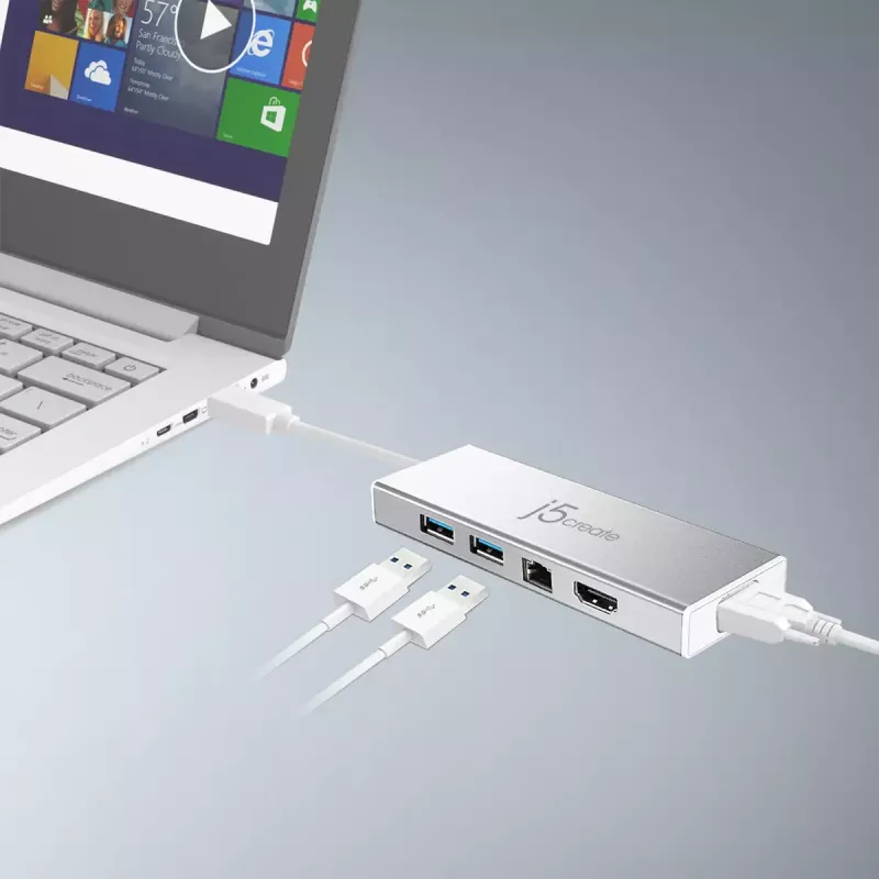 j5create JUD380 dock mini USB™ 3.0, 1x HDMI e 3x portas USB, prateado