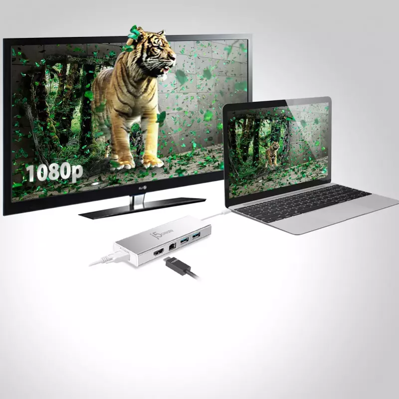 j5create JUD380 dock mini USB™ 3.0, 1x HDMI e 3x portas USB, prateado