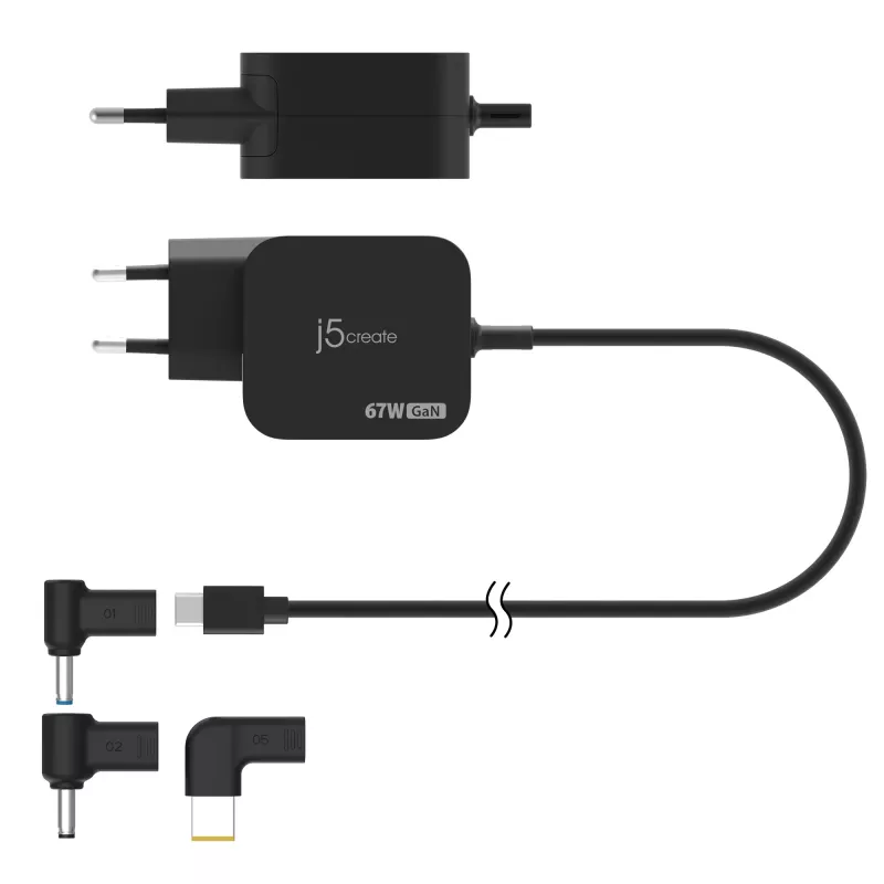 j5create JUP1565DCE3A-EN carregador mini GaN PD USB-C® 67W com 3 tipos de fichas DC - UE