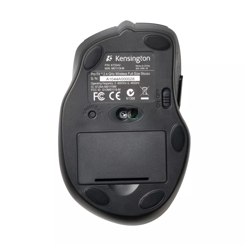 Rato sem fios Kensington Pro Fit tamanho completo, ambidestro, ótico, RF wireless, 1600 DPI, preto