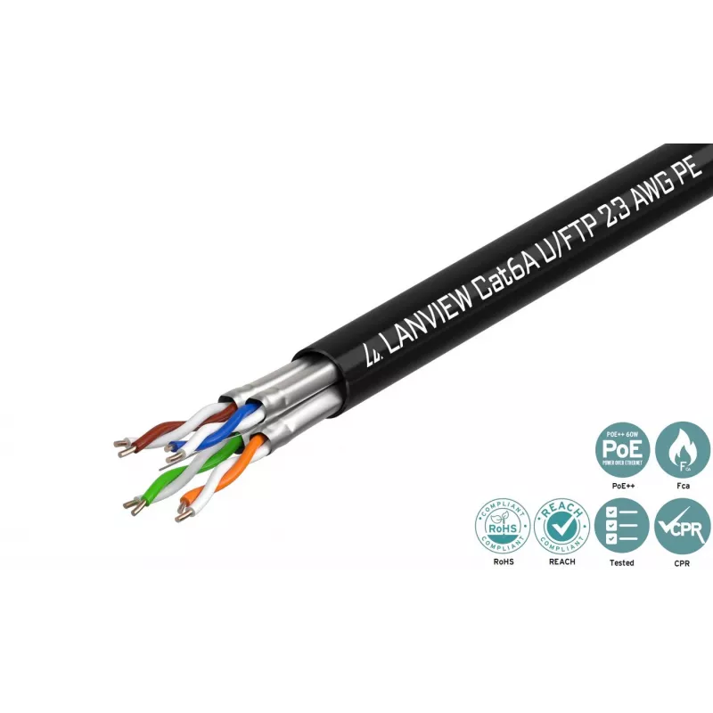 Lanview LVN122445 cabo de rede Cat6a U-FTP 4x2xAWG23, 500 m, preto