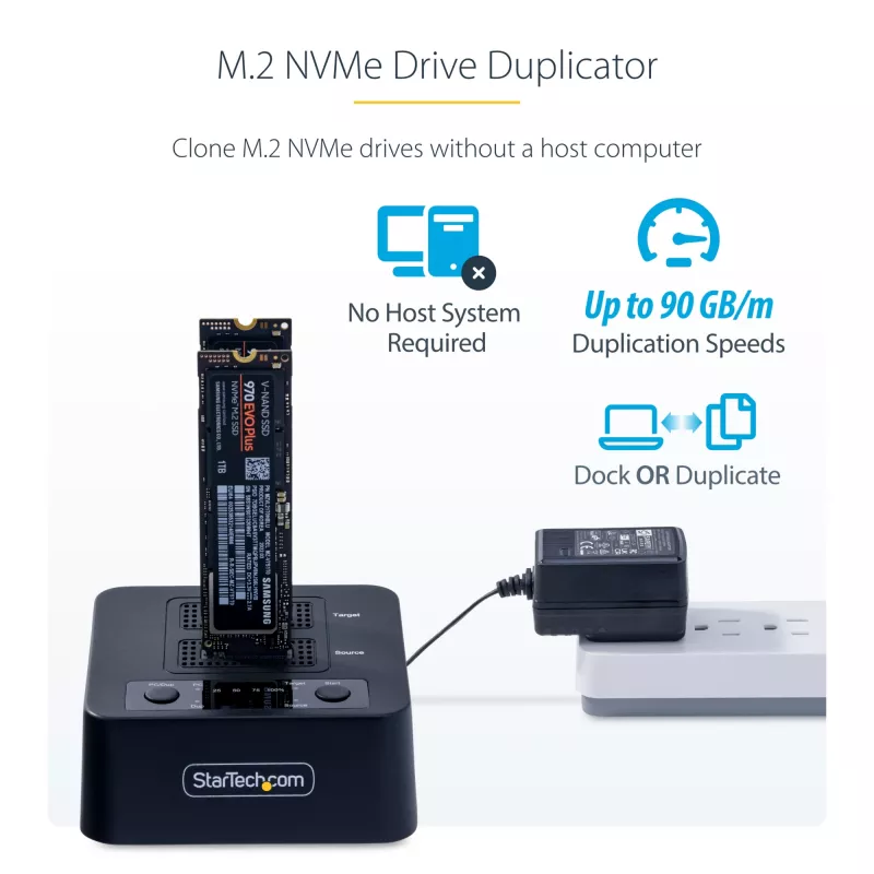 StarTech.com M2-HDD-DUPLICATOR-N1 duplicador e dock autónomo 1:1 para unidades M.2 NVMe (PCIe), até 90 GB/min, USB-C 20 Gbps, de dois compartimentos, em conformidade com TAA