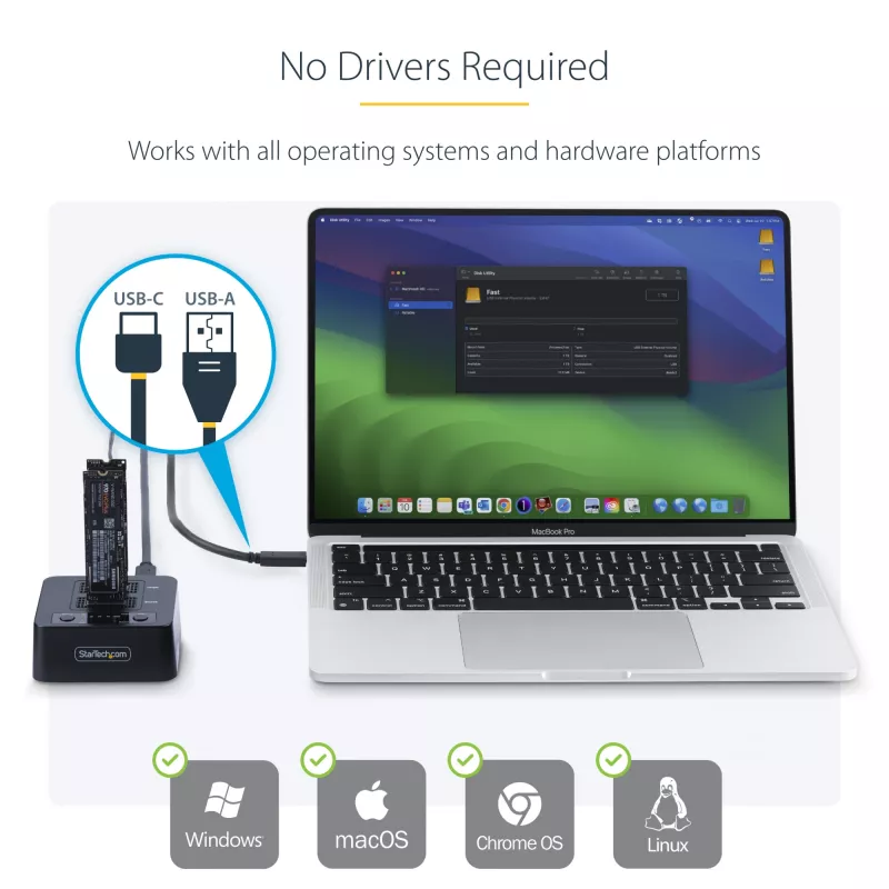 StarTech.com M2-HDD-DUPLICATOR-N1 duplicador e dock autónomo 1:1 para unidades M.2 NVMe (PCIe), até 90 GB/min, USB-C 20 Gbps, de dois compartimentos, em conformidade com TAA