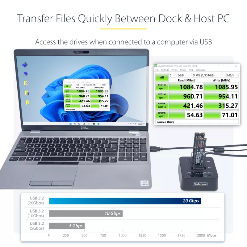StarTech.com M2-HDD-DUPLICATOR-N1 duplicador e dock autónomo 1:1 para unidades M.2 NVMe (PCIe), até 90 GB/min, USB-C 20 Gbps, de dois compartimentos, em conformidade com TAA