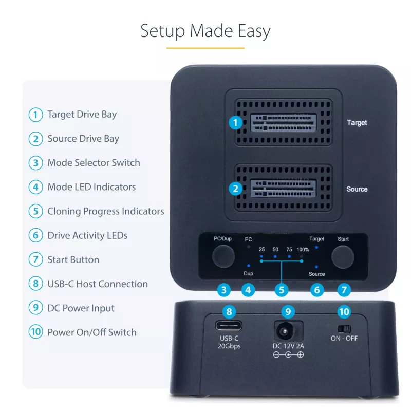 StarTech.com M2-HDD-DUPLICATOR-N1 duplicador e dock autónomo 1:1 para unidades M.2 NVMe (PCIe), até 90 GB/min, USB-C 20 Gbps, de dois compartimentos, em conformidade com TAA