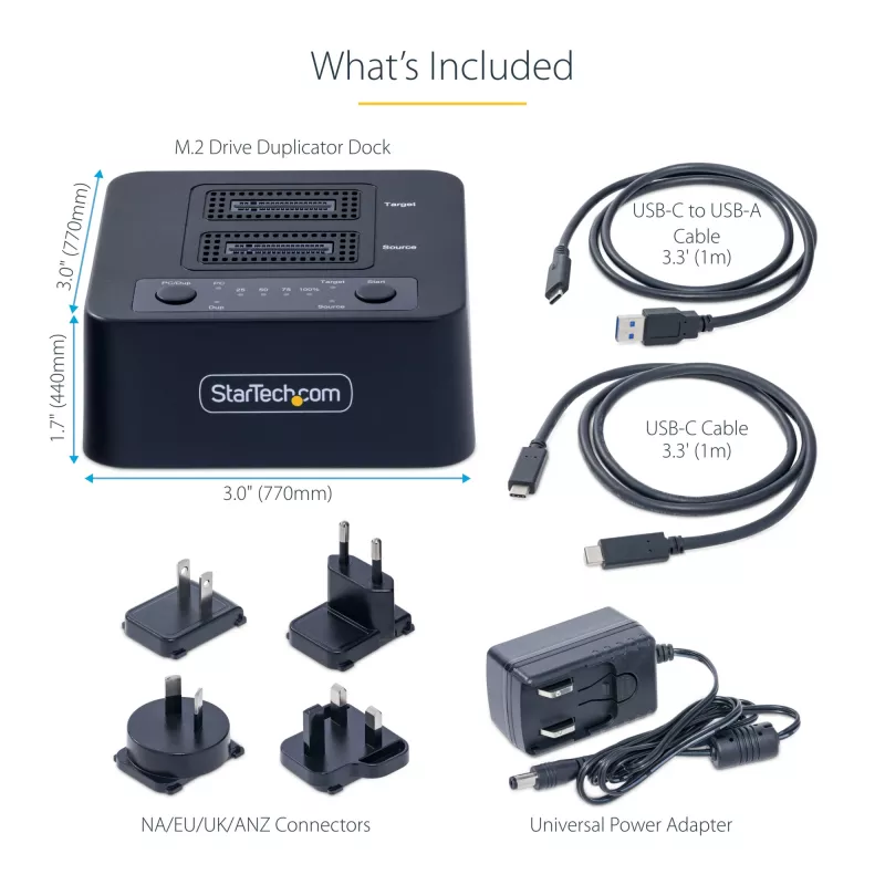 StarTech.com M2-HDD-DUPLICATOR-N1 duplicador e dock autónomo 1:1 para unidades M.2 NVMe (PCIe), até 90 GB/min, USB-C 20 Gbps, de dois compartimentos, em conformidade com TAA