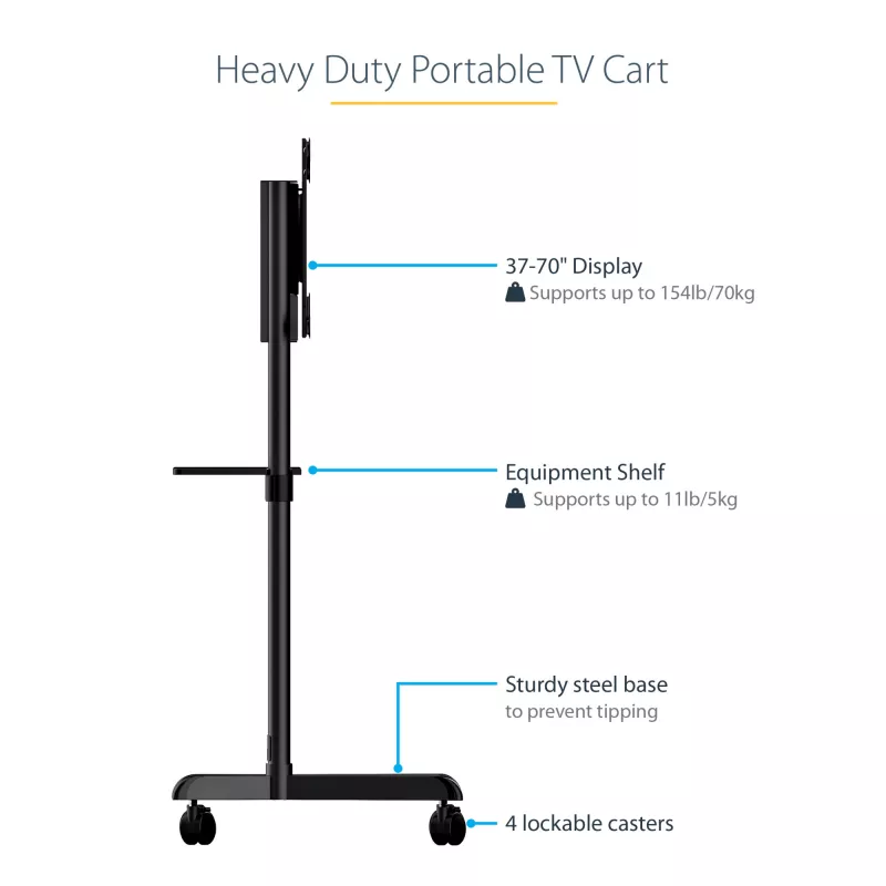 StarTech.com Carrinho de TV móvel - Suporte de TV rolante portátil para ecrã VESA de 37-70 polegadas (154lb/70kg) - Suporte de TV com prateleira e compartimento de arrumação - Ecrã giratório/inclinável - Suporte de TV universal sobre rodas