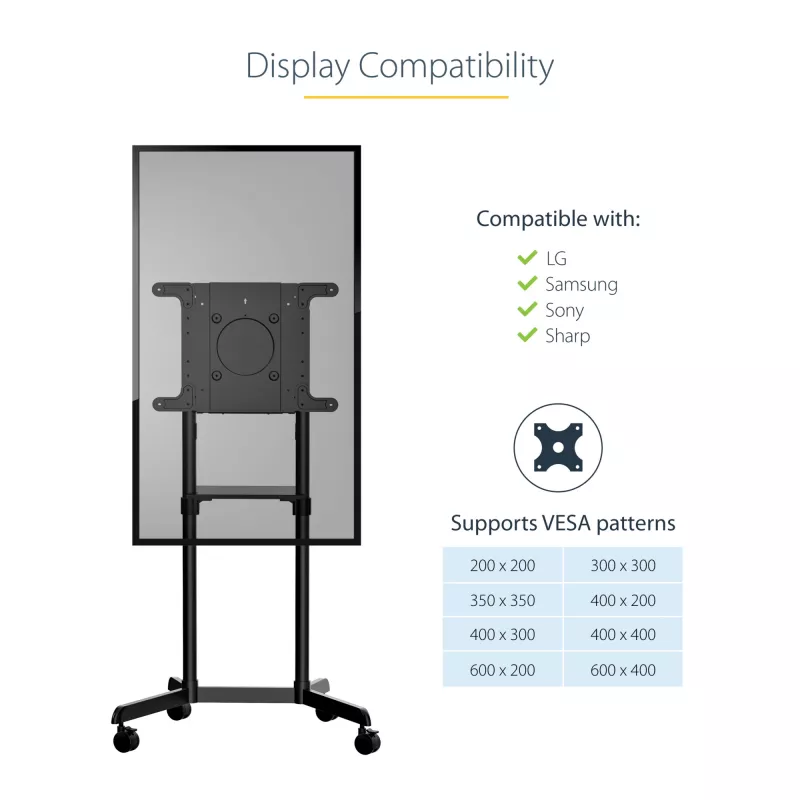 StarTech.com Carrinho de TV móvel - Suporte de TV rolante portátil para ecrã VESA de 37-70 polegadas (154lb/70kg) - Suporte de TV com prateleira e compartimento de arrumação - Ecrã giratório/inclinável - Suporte de TV universal sobre rodas
