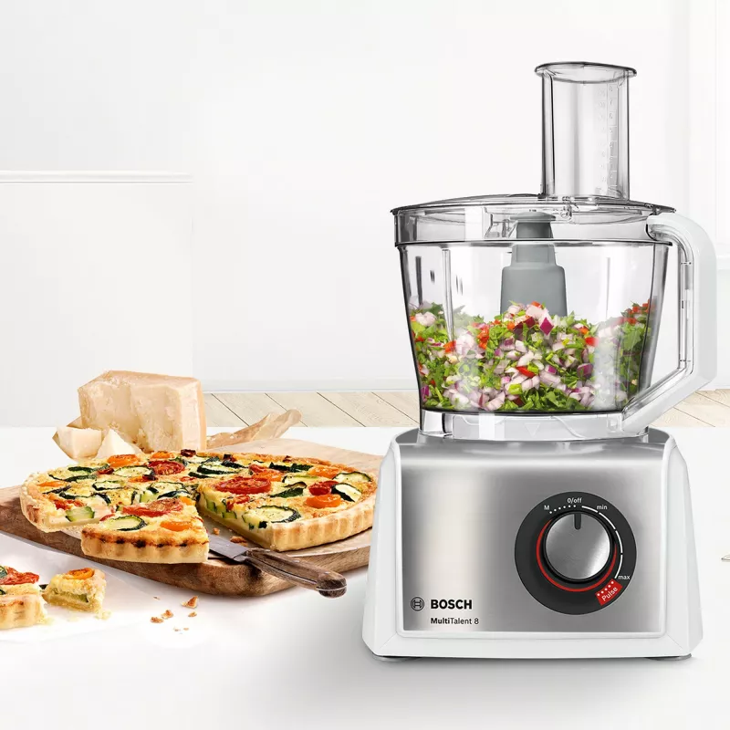 Robot de cozinha Bosch MC812S814, 1250 W, taça de 3,9 l, Aço inoxidável/Branco, velocidade contínua, botão rotativo