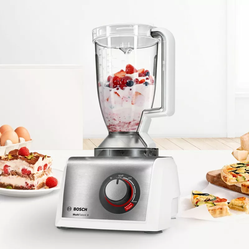 Robot de cozinha Bosch MC812S814, 1250 W, taça de 3,9 l, Aço inoxidável/Branco, velocidade contínua, botão rotativo