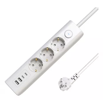 Régua de tomadas Schuko com 3 portas USB 1,5 m branca 3 tomadas AC 230 V