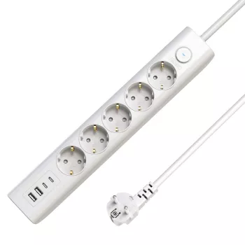 Régua de tomadas Schuko com 5 portas USB e interruptor 1,5 m, branca