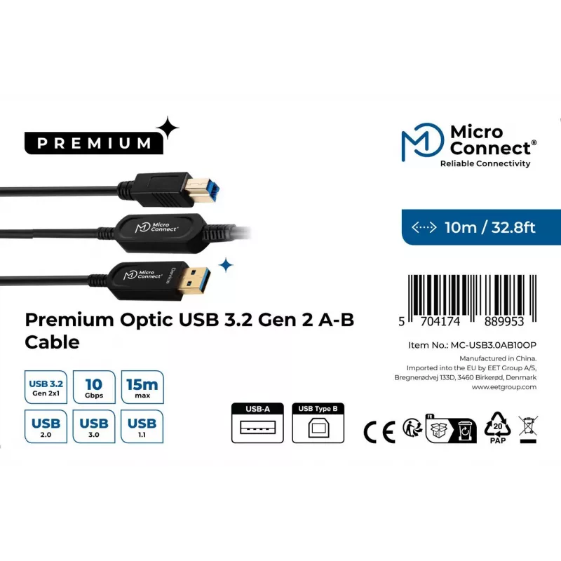 Microconnect MC-USB3.0AB10OP cabo USB USB 3.2 Gen 2 (3.1 Gen 2) 10 m USB A USB B preto