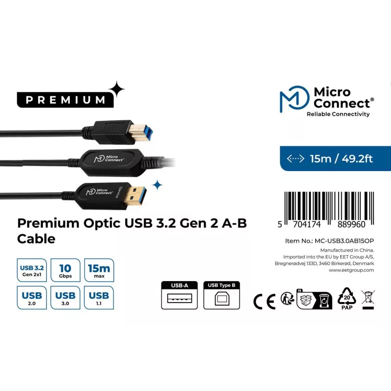 Microconnect MC-USB3.0AB15OP cabo USB USB 3.2 Gen 2 (3.1 Gen 2) 15 m USB A USB B preto