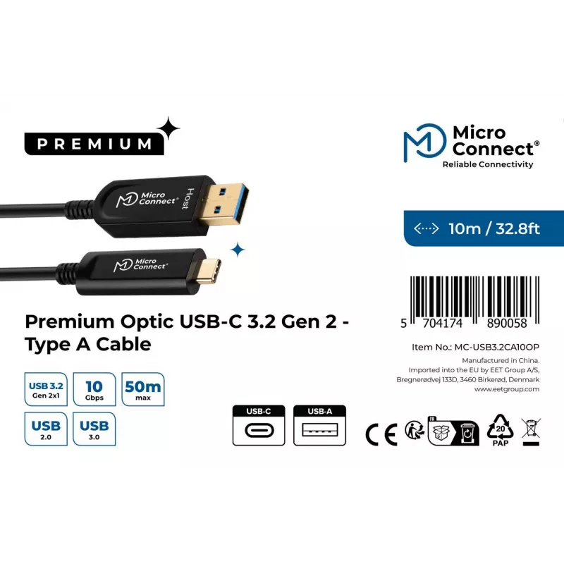 Microconnect MC-USB3.2CA10OP cabo USB USB 3.2 Gen 2 (3.1 Gen 2) 10 m USB-A USB-C preto