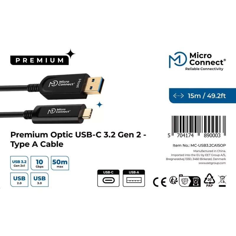 Microconnect MC-USB3.2CA15OP cabo USB USB 3.2 Gen 2 (3.1 Gen 2) 15 m USB A USB C preto