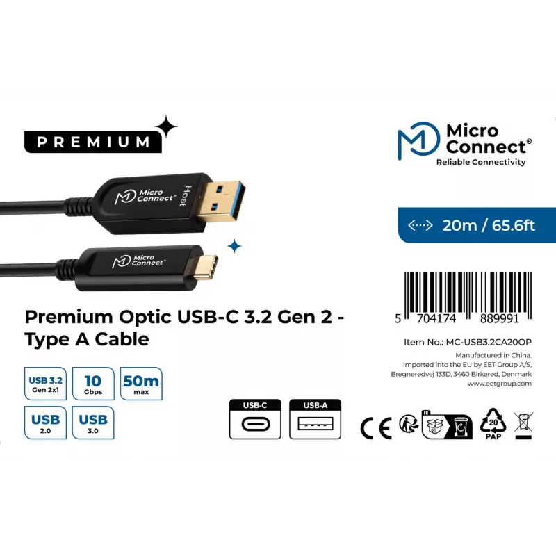 Microconnect MC-USB3.2CA20OP cabo USB USB 3.2 Gen 2 (3.1 Gen 2) 20 m USB A USB C preto