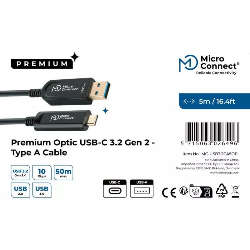 Microconnect MC-USB3.2CA5OP cabo USB USB 3.2 Gen 2 (3.1 Gen 2) 5 m USB A USB C preto