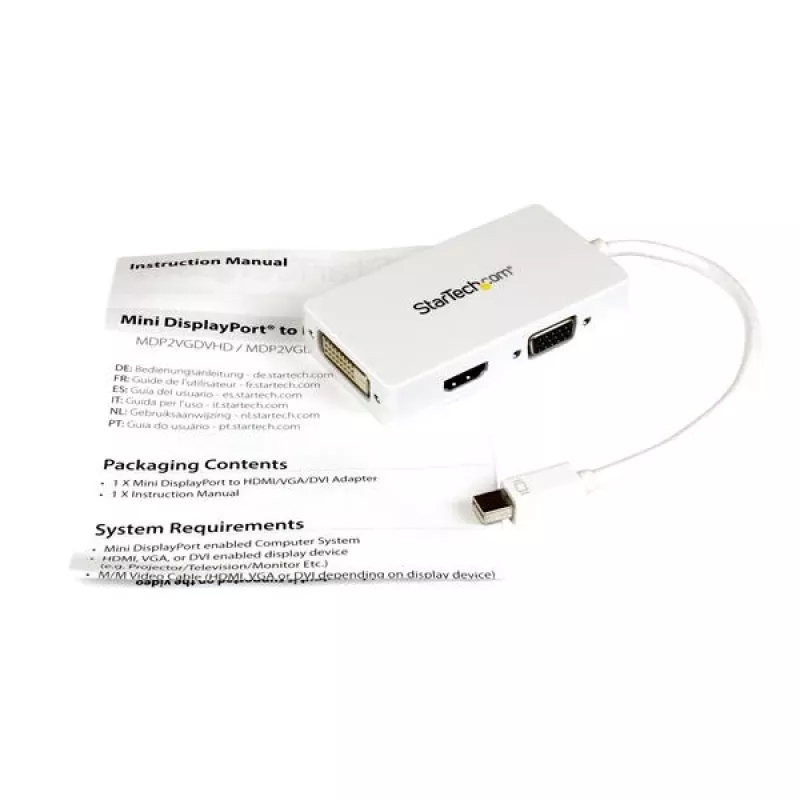 Adaptador A/V de viagem StarTech.com: conversor 3-em-1 Mini DisplayPort para VGA DVI ou HDMI - branco