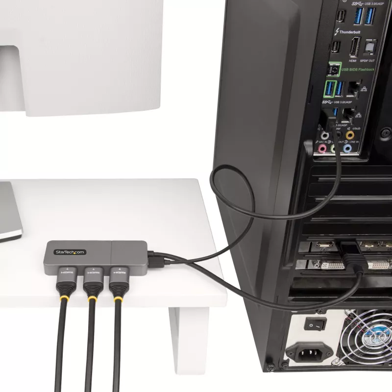 StarTech.com Hub MST de 3 portas - DisplayPort para 3x HDMI, Monitores Triplos 4K 60Hz, Adaptador de vídeo multi-monitor DP 1.4, cabo integrado de 30cm, alimentado por USB, apenas Windows
