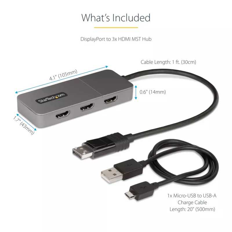 StarTech.com Hub MST de 3 portas - DisplayPort para 3x HDMI, Monitores Triplos 4K 60Hz, Adaptador de vídeo multi-monitor DP 1.4, cabo integrado de 30cm, alimentado por USB, apenas Windows