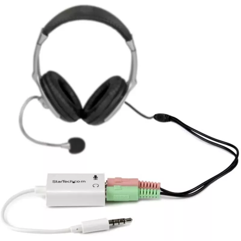 Adaptador de headset branco StarTech.com para headsets com fichas separadas de auscultador/microfone – 3,5 mm 4 polos para 2x 3 polos 3,5 mm M/F