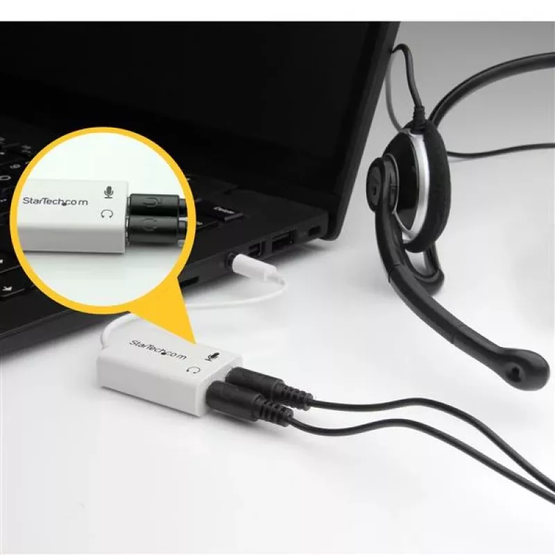 Adaptador de headset branco StarTech.com para headsets com fichas separadas de auscultador/microfone – 3,5 mm 4 polos para 2x 3 polos 3,5 mm M/F