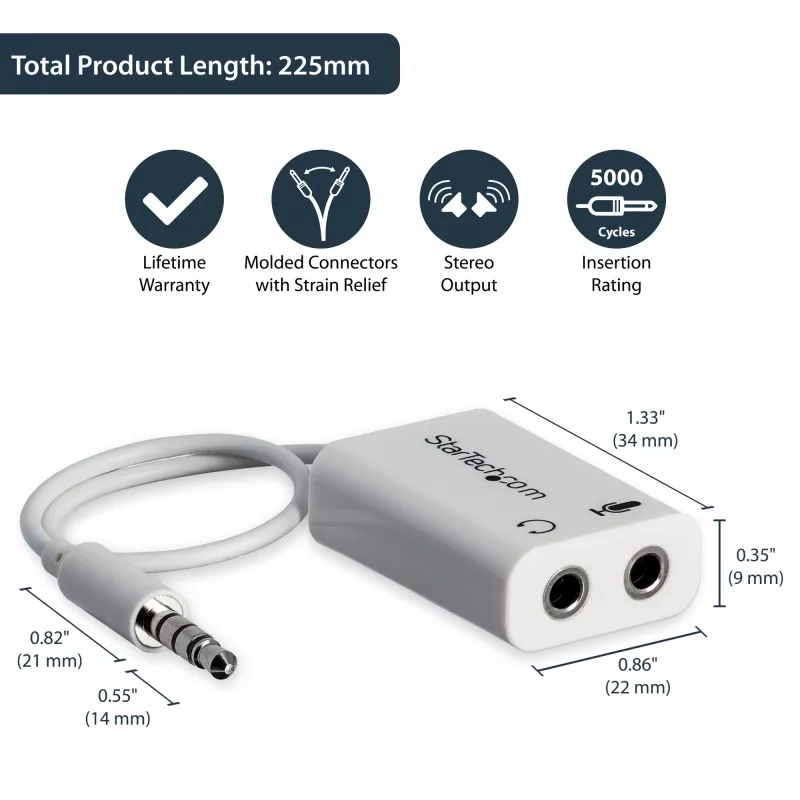 Adaptador de headset branco StarTech.com para headsets com fichas separadas de auscultador/microfone – 3,5 mm 4 polos para 2x 3 polos 3,5 mm M/F