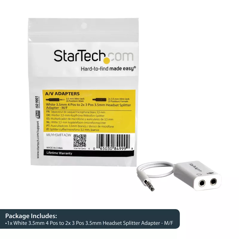 Adaptador de headset branco StarTech.com para headsets com fichas separadas de auscultador/microfone – 3,5 mm 4 polos para 2x 3 polos 3,5 mm M/F