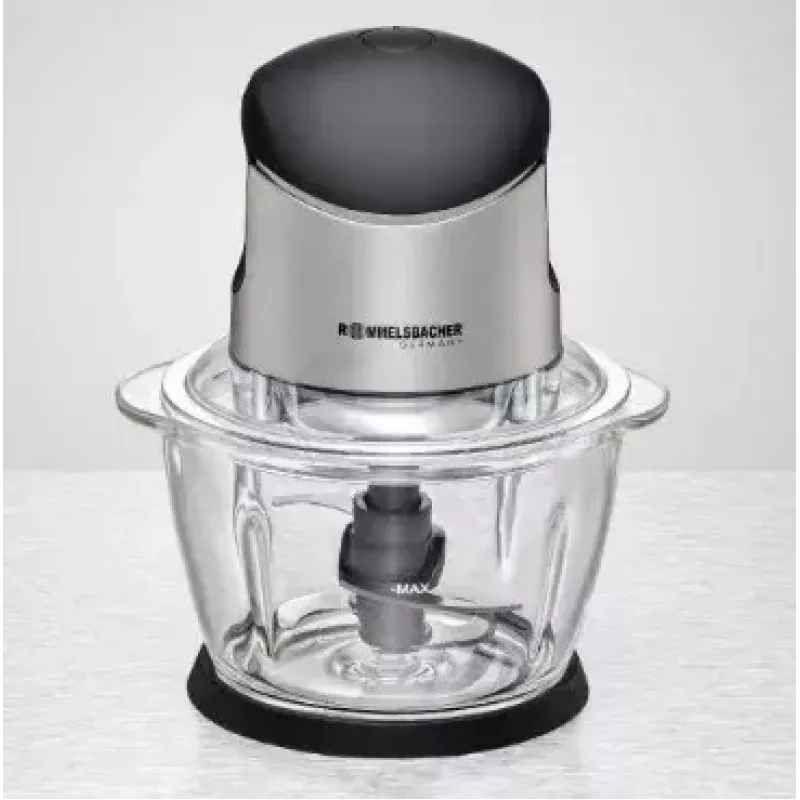 Picadora elétrica Rommelsbacher MZ 400 — recipiente de vidro de 1,0 L, 400 W, lâminas de aço inoxidável com 4 pás, preta