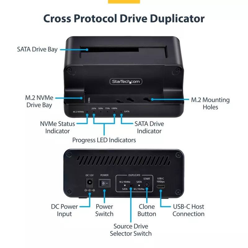 Duplicador de unidades M.2 NVMe para SATA de 2,5/3,5 polegadas StarTech.com, clonador/dock de SSD autónomo de duas baías, bidirecional NVMe para SATA / SATA para NVMe, até 27 GB/min, TAA