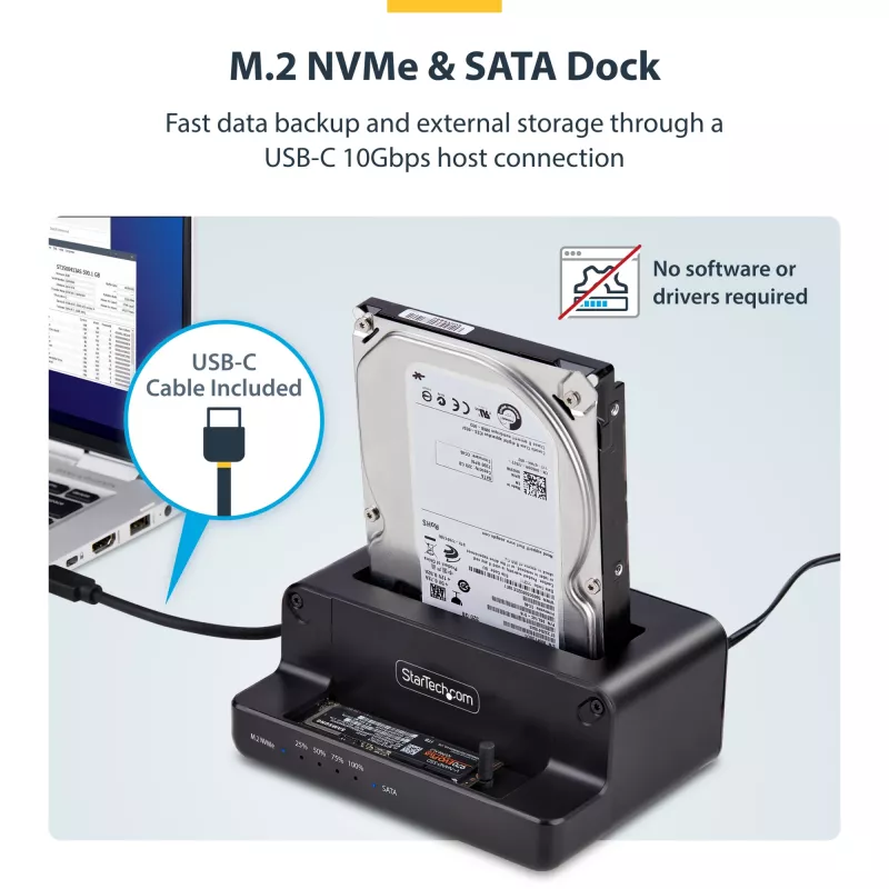 Duplicador de unidades M.2 NVMe para SATA de 2,5/3,5 polegadas StarTech.com, clonador/dock de SSD autónomo de duas baías, bidirecional NVMe para SATA / SATA para NVMe, até 27 GB/min, TAA