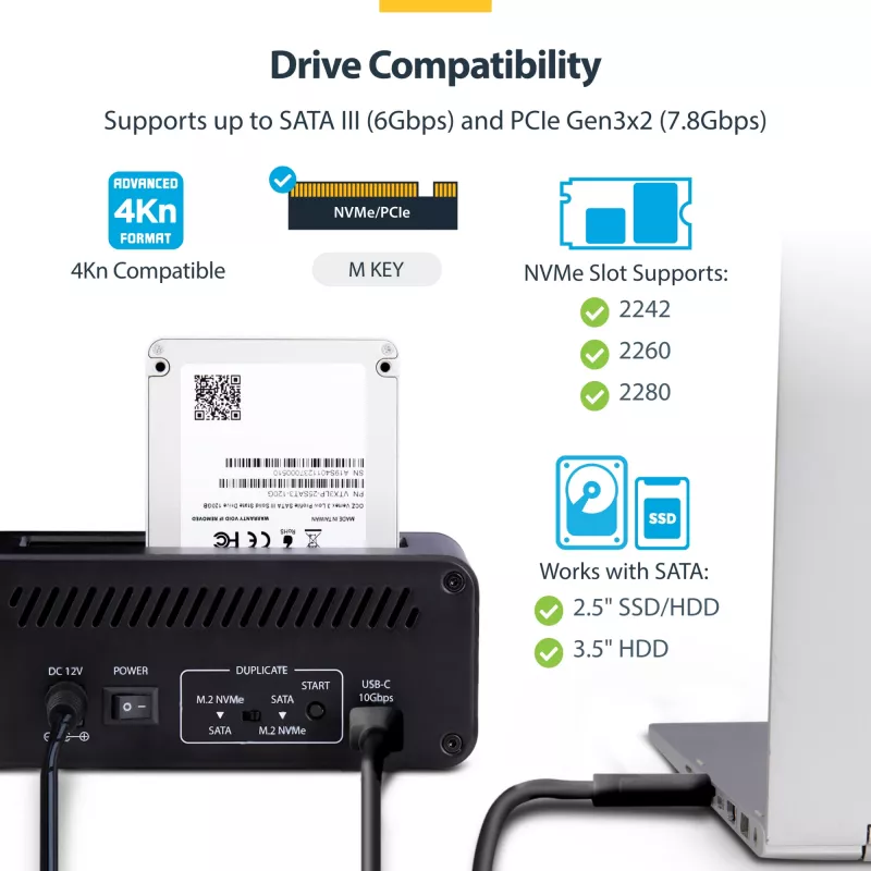 Duplicador de unidades M.2 NVMe para SATA de 2,5/3,5 polegadas StarTech.com, clonador/dock de SSD autónomo de duas baías, bidirecional NVMe para SATA / SATA para NVMe, até 27 GB/min, TAA