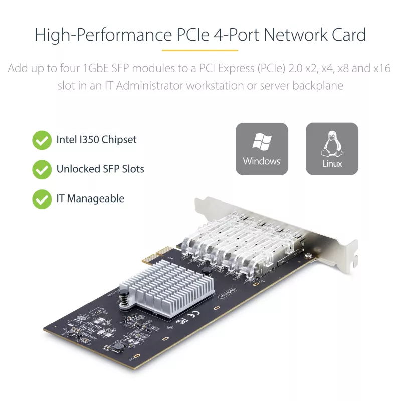 Placa de rede StarTech.com 4 portas GbE SFP, PCIe 2.0 x2 (compatível com x4, x8, x16), controlador Intel I350-AM4 4x 1GbE, 1000BASE cobre/fibra, NIC Gigabit Ethernet de quatro portas desktop/servidor - Windows e Linux