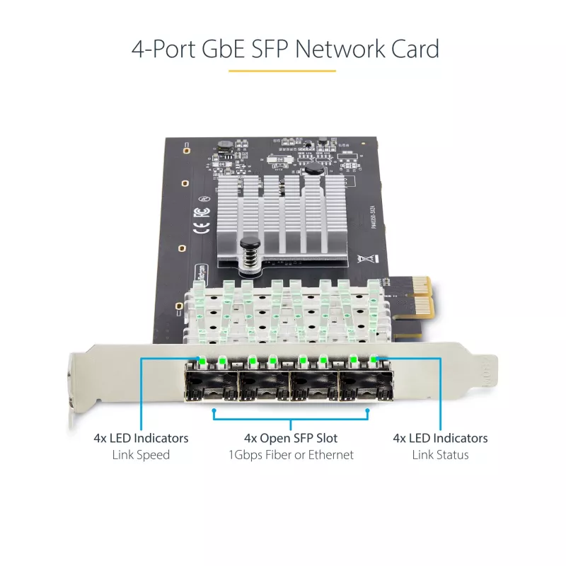 Placa de rede StarTech.com 4 portas GbE SFP, PCIe 2.0 x2 (compatível com x4, x8, x16), controlador Intel I350-AM4 4x 1GbE, 1000BASE cobre/fibra, NIC Gigabit Ethernet de quatro portas desktop/servidor - Windows e Linux