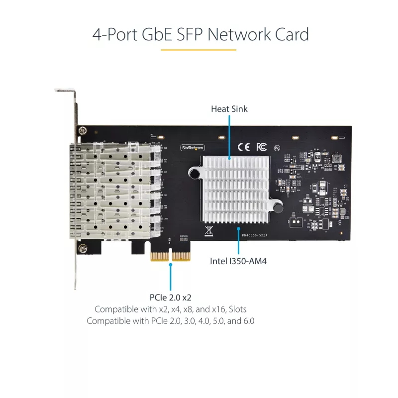 Placa de rede StarTech.com 4 portas GbE SFP, PCIe 2.0 x2 (compatível com x4, x8, x16), controlador Intel I350-AM4 4x 1GbE, 1000BASE cobre/fibra, NIC Gigabit Ethernet de quatro portas desktop/servidor - Windows e Linux