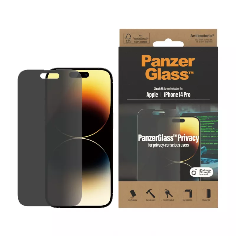 Protetor de ecrã de privacidade PanzerGlass Apple iPhone 14 Pro resistente a riscos e choques