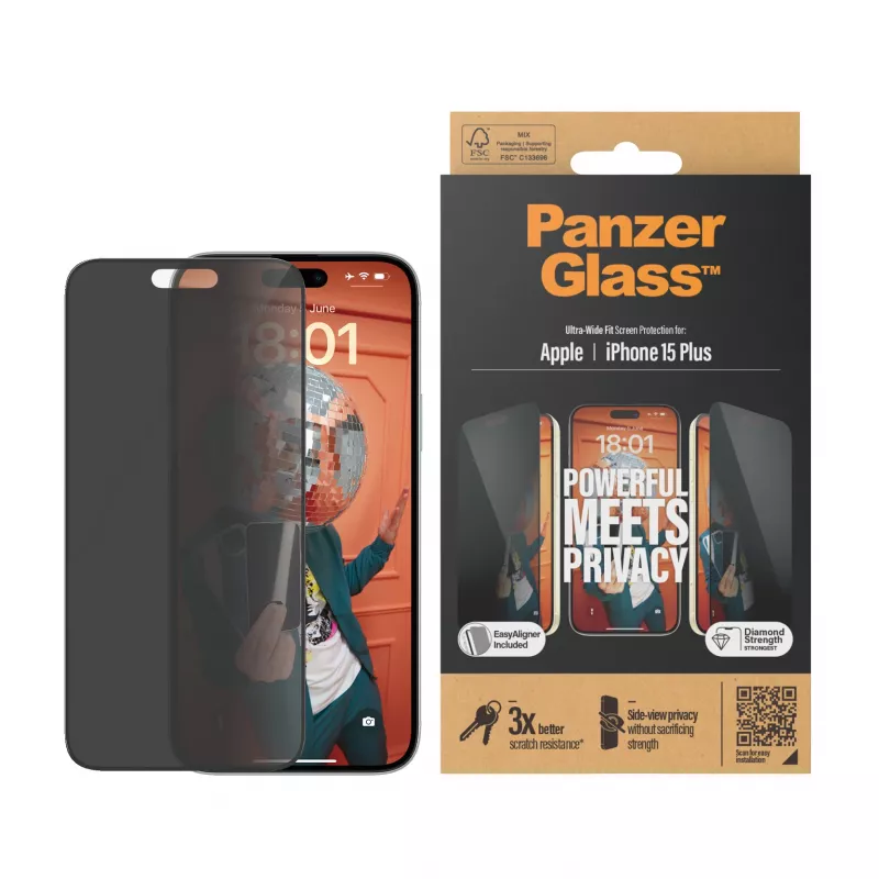 PanzerGlass ® Protetor de ecrã de privacidade iPhone 15 Plus | Ultra-Wide Fit com EasyAligner