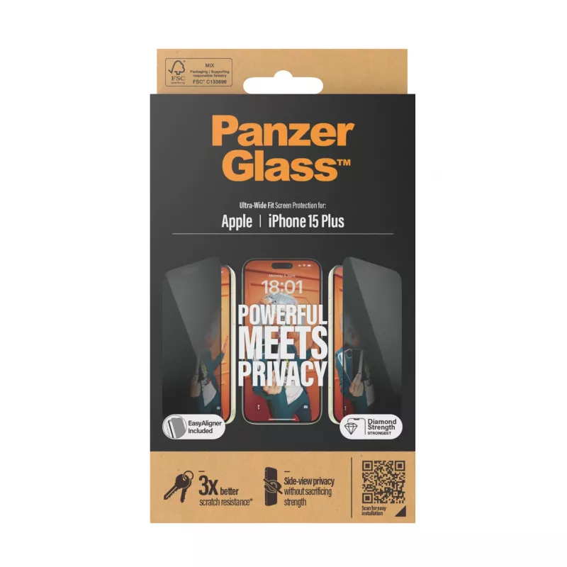 PanzerGlass ® Protetor de ecrã de privacidade iPhone 15 Plus | Ultra-Wide Fit com EasyAligner