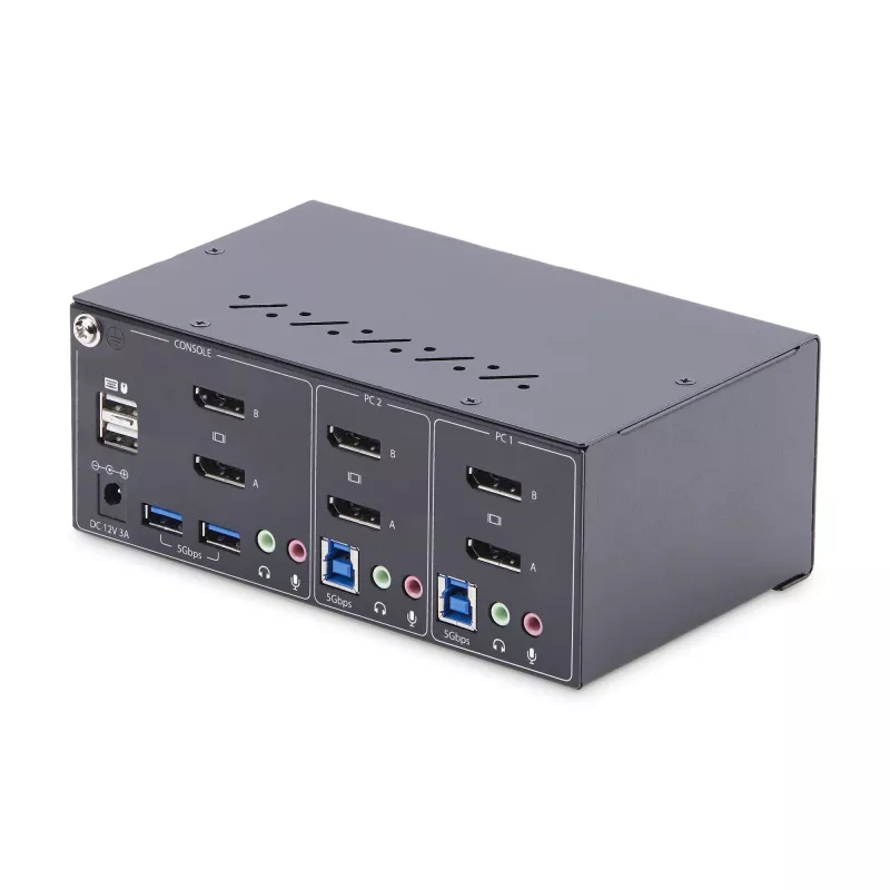 StarTech.com Comutador KVM DisplayPort para 2 monitores, 4K 60Hz, 2 portas hub USB 5Gbps, 2 portas USB 2.0 HID, comutação por tecla de atalho e botão, compatível com TAA – proteção ESD nível 3