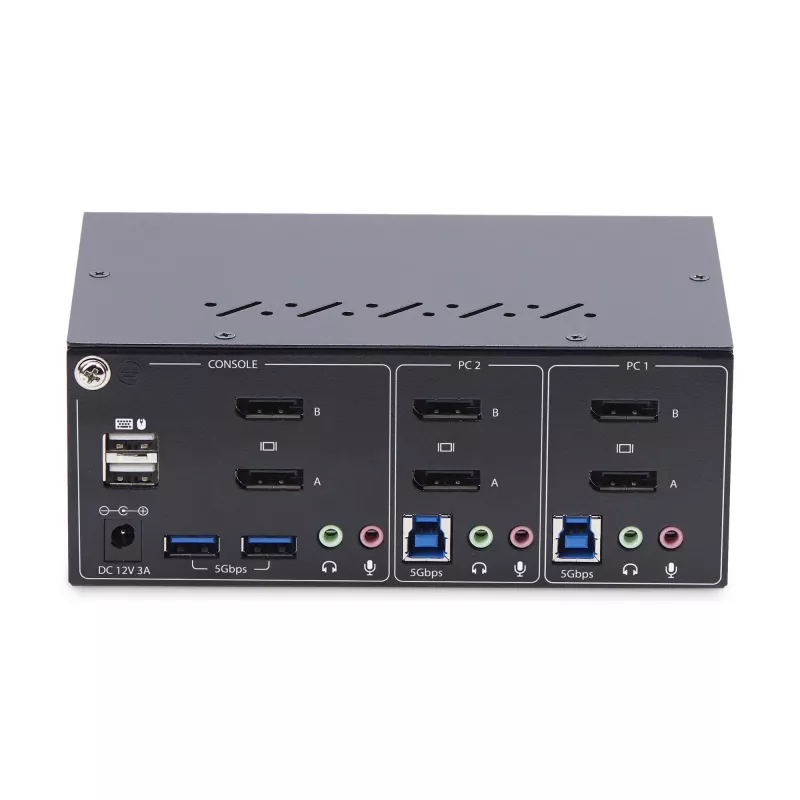 StarTech.com Comutador KVM DisplayPort para 2 monitores, 4K 60Hz, 2 portas hub USB 5Gbps, 2 portas USB 2.0 HID, comutação por tecla de atalho e botão, compatível com TAA – proteção ESD nível 3