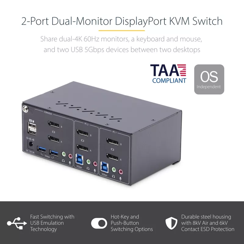 StarTech.com Comutador KVM DisplayPort para 2 monitores, 4K 60Hz, 2 portas hub USB 5Gbps, 2 portas USB 2.0 HID, comutação por tecla de atalho e botão, compatível com TAA – proteção ESD nível 3