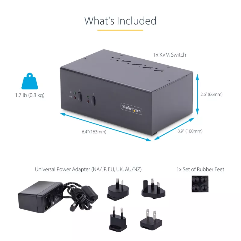 StarTech.com Comutador KVM DisplayPort para 2 monitores, 4K 60Hz, 2 portas hub USB 5Gbps, 2 portas USB 2.0 HID, comutação por tecla de atalho e botão, compatível com TAA – proteção ESD nível 3